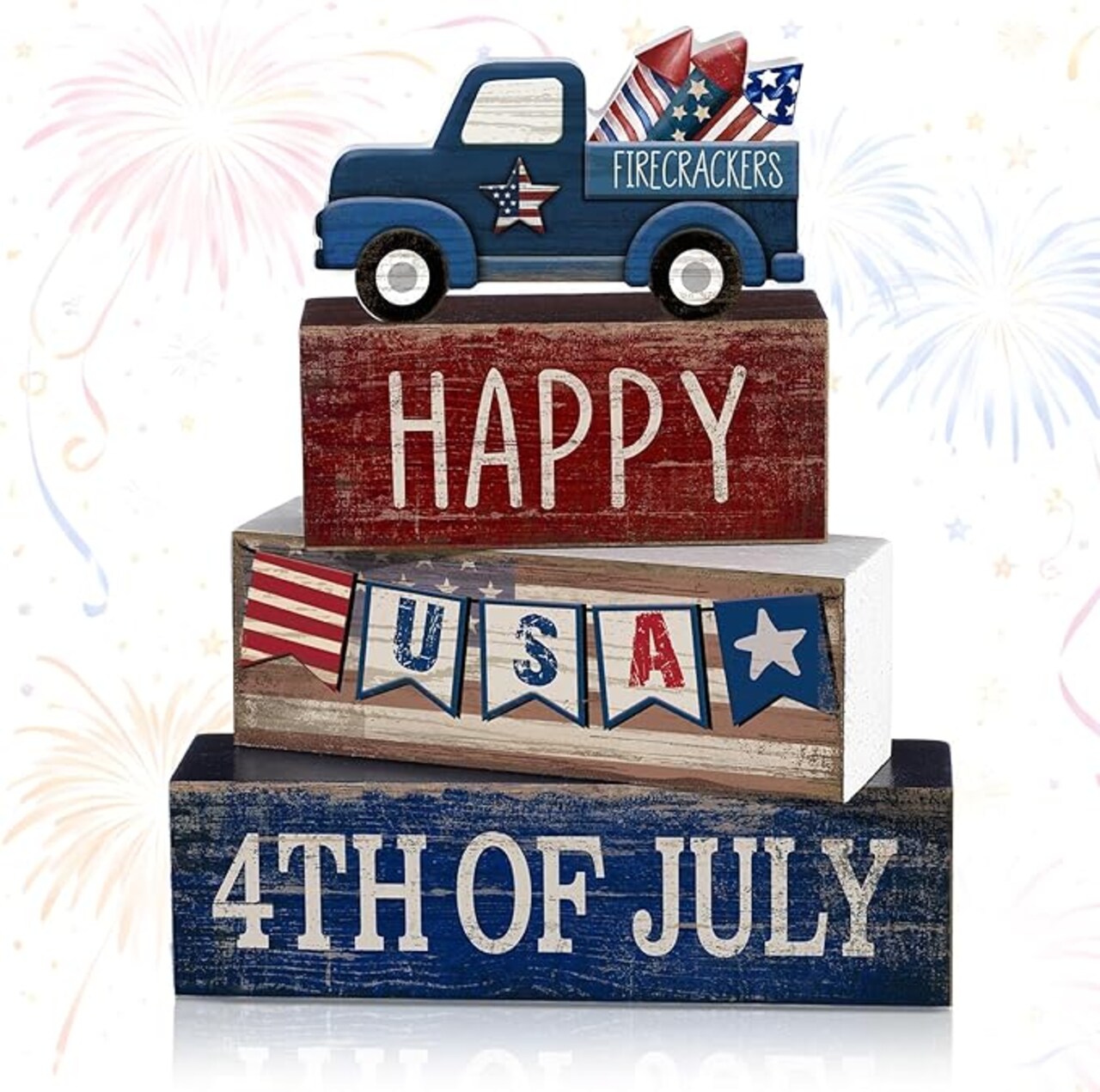 4 Pcs 4th of July Decorations Patriotic Memorial Day Tabletop Decorations Red White Blue Table Centerpieces Sign for Office Tiered Tray Home Shelf 250th Anniversary(Happy Usa)